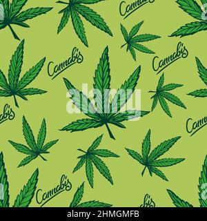 Seamless Pattern with Cannabis Leafs Vector Sketch illustration. Stock Vector