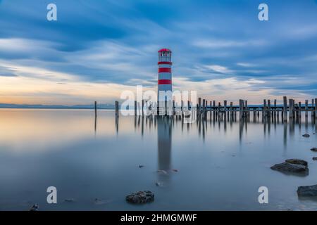 Winterevening at Podersdorf, Neusiedlersee, with famous lighthouse, long exposure, Burgenland, Austria Stock Photo