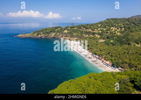 Aerial view of the Virgin beach between Candidasa and Amlapura in the Karangasem regency in eastern Bali, Indonesia Stock Photo