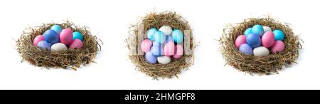 A set of three nests with Easter eggs in different angles isolated on a white background. The concept of a Happy Easter. Stock Photo
