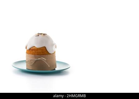 Traditional Easter cake, colorful eggs and tulips isolated on white background Stock Photo