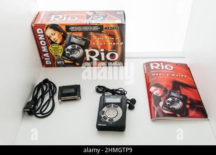 Brussels, Belgium - Jul 14, 2020: Persentation hero object of Rio PMP300 one of the first portable consumer MP3 digital audio players, and the first commercially successful one. Produced by Diamond Multimedia Stock Photo
