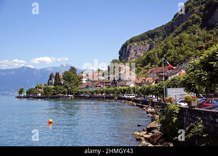 The town of Meillerie on Lac Leman in France's Haute-Savoie. Stock Photo