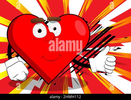 Heart Shape with making thumbs up sign as a cartoon character, funny red love holiday illustration. Stock Vector