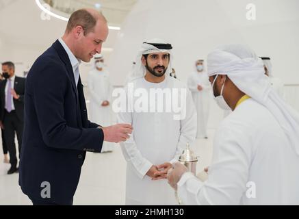The Duke of Cambridge with His Highness Sheikh Hamdan bin Mohammed bin Rashid Al Maktoum, Crown Prince of Dubai during his visit to the UK Pavilion at Expo2020 in Dubai, as part of his tour of the United Arab Emirates. Picture date: Thursday February 10, 2022. Stock Photo