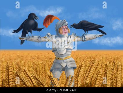 A medieval knight in armor turned into a scarecrow, and two crows that are making fun of him - funny colorful digital illustration Stock Photo