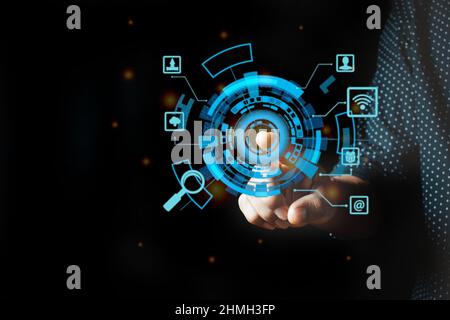 businessman touching digital business icon, Marketing and shopping social online network connection on modern virtual interface. Stock Photo