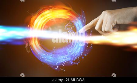 Hand touching abstract network circle technology structure. Innovation networking future worldwide global concept Stock Photo