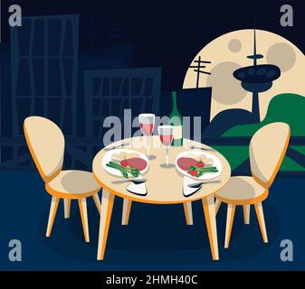 Cozy beautiful restaurant on rooftop with table and two chair in the big city with the cityscape night or evening. Cartoon illustration. Stock Vector