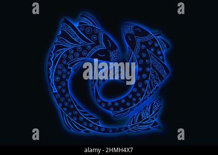Pisces horoscope sign in twelve zodiac signs on dark blue background. Stock Photo