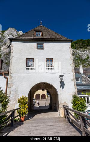 Historic gate tower, wooden bridge over the Altmuehl, Markt Essing, Altmuehltal, Bavaria, Germany, Europe Stock Photo