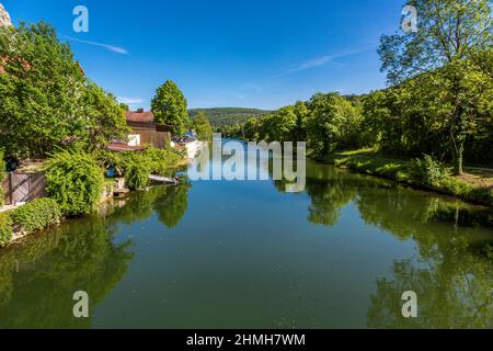 The Altmuehl River, Markt Essing, Altmuehltal, Bavaria, Germany, Europe Stock Photo