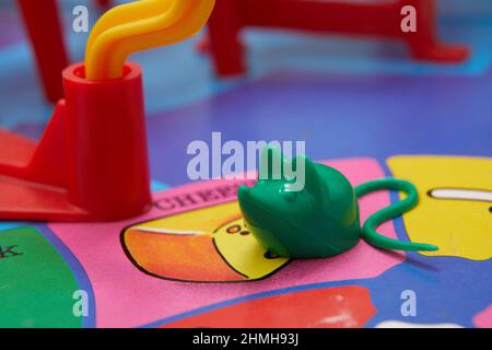 Close up photograph of playing pieces on a Mouse Trap board game. Stock Photo