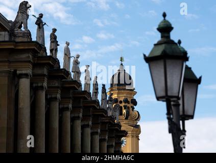 Munich, Germany. 10th Feb, 2022. Blue skies can be seen over the Residenz (l) and the Theatinerkirche in the city center. Credit: Sven Hoppe/dpa/Alamy Live News Stock Photo