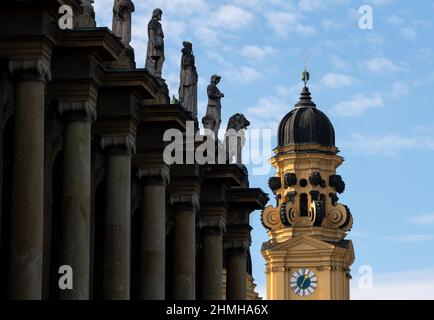 Munich, Germany. 10th Feb, 2022. Blue skies can be seen over the Residenz (l) and the Theatinerkirche in the city center. Credit: Sven Hoppe/dpa/Alamy Live News Stock Photo