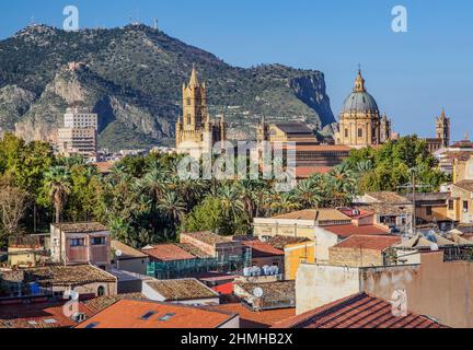 Cathedral in the old town against Monte Pellegrino, Palermo, Sicily, Italy Stock Photo