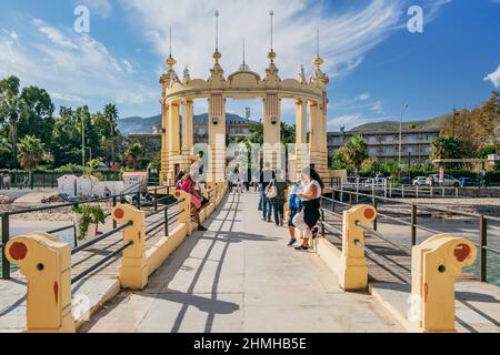 Pier to the Kurhaus on the beach in the seaside resort Mondello, district of Palermo, Sicily, Italy Stock Photo