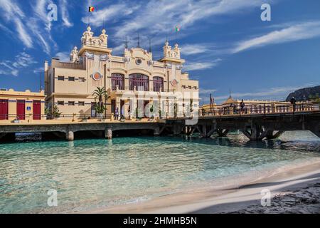 Pier with Kurhaus on the beach in the seaside resort Mondello, district of Palermo, Sicily, Italy Stock Photo