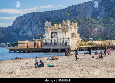 Pier with Kurhaus on the beach in the seaside resort Mondello, district of Palermo, Sicily, Italy Stock Photo