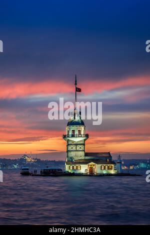 Sunset at the Maiden Tower in Istanbul, Turkey Stock Photo