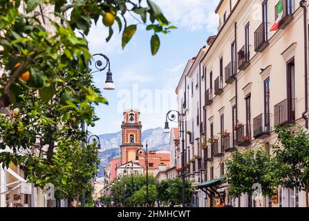 Sorrento, Campania, Italy : The pedestrian street of Corso Italia with the Duomo di Sorrento bell tower in the background Stock Photo