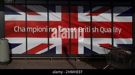 Aldi poster about championing Great British quality using Union Jack flag, Martlesham, Suffolk, England, UK Stock Photo