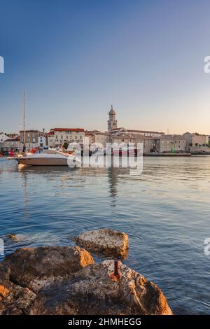 Croatia, Kvarner bay, Island of Krk, view of marina and old town of Krk in the morning Stock Photo