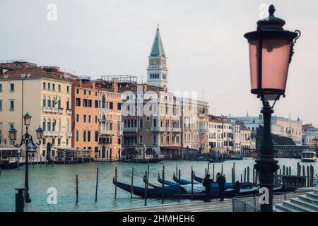 Italy, Veneto, Venice, Venetian gondolas and palaces overlooking the Canal Grande Stock Photo