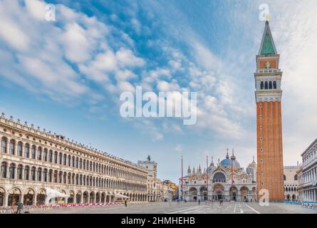 Italy, Veneto, Venice, San Marco square with Saint Mark's Basilica and bell towers Stock Photo
