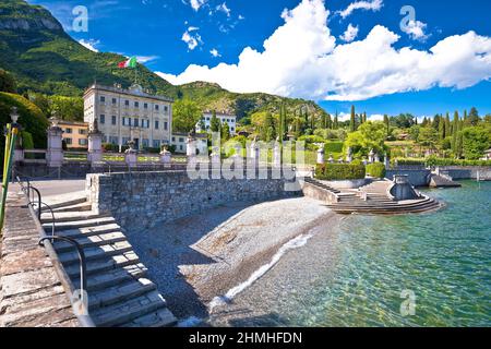 Como Lake. Idyllic beach and Villa Sola Cabiati in Tremezzo on Lake Como view, Lombardy region of Itally Stock Photo