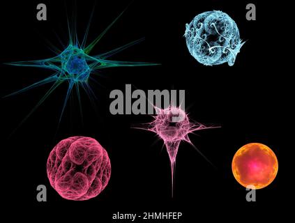 different viruses or bacteria scatter around. 3d rendering fractal . Abstract design and shapes, computer graphics. Stock Photo