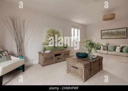 Newport, Essex - March 21 2019: Luxury modern living room in brand new staged home with chic stylish furniture and patterned cushions. Stock Photo