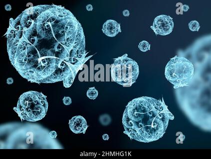 different viruses or bacteria scatter around. 3d rendering fractal . Abstract design and shapes, computer graphics. Stock Photo