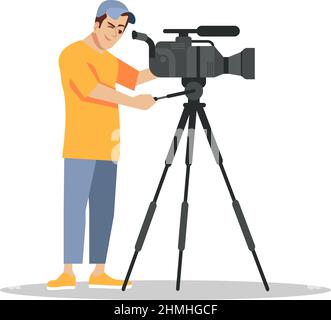 Professional cameraman semi flat RGB color vector illustration Stock Vector