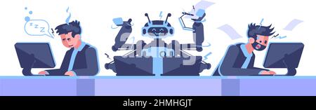 Robots more productive than human workers semi flat color vector illustration Stock Vector