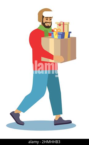 Holding pile of christmas presents semi flat RGB color vector illustration Stock Vector