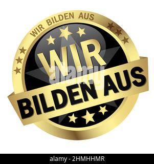 EPS 10 vector with round colored button with banner and text we educate (in german) Stock Vector