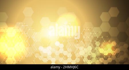 EPS 10 vector abstract science and futuristic hexagonal technology concept background. Digital image with golden light effects and blurs over darker b Stock Vector