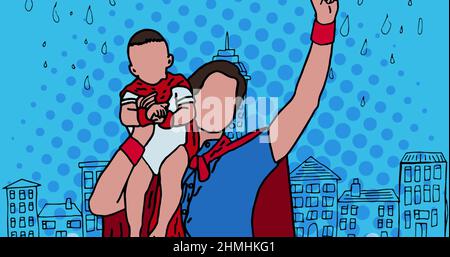 Image of superhero family together on blue background Stock Photo