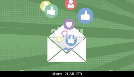 Image of envelope email icon with social media icons on rotating in seamless loop Stock Photo