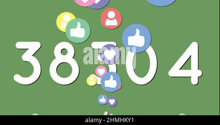 Increasing numbers and digital icons moving against green background Stock Photo