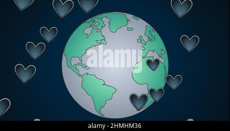 Image of globe and hearts on dark blue background