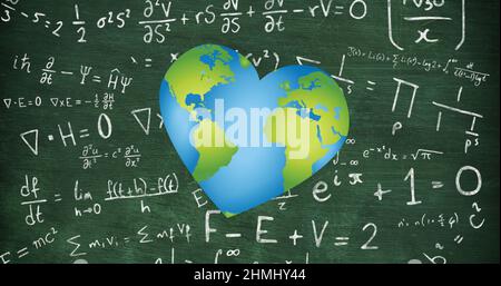 Image of heart with map over mathematical equations on chalkboard Stock Photo