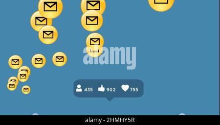 Profile, thumbs up and heart icon with increasing numbers on speech bubble against message icons Stock Photo
