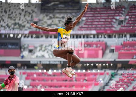 Khaddi Sagnia participating in the Tokyo 2020 Olympic Games in the long jump discipline. Stock Photo