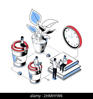 Coffee break - modern line isometry design style illustration on white background. Office employees drink hot drinks, communicate with each other, kee Stock Vector