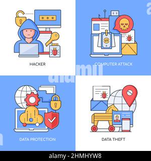 Data theft and hacking - set of line design style colorful illustrations. Four detailed images on computer attack topic. Virus, password, information Stock Vector