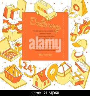 Fast food delivery - modern isometric colorful banner in orange colors with copy space for text. Shopping cart, courier, pizza, orders around the cloc Stock Vector