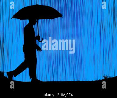 Here is a man with umbrella in the rain. This is a 3-d illustration and a modern design for 2022. Stock Photo