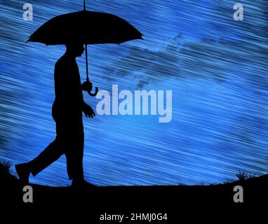 Here is a man with umbrella in the rain. This is a 3-d illustration and a modern design for 2022. Stock Photo